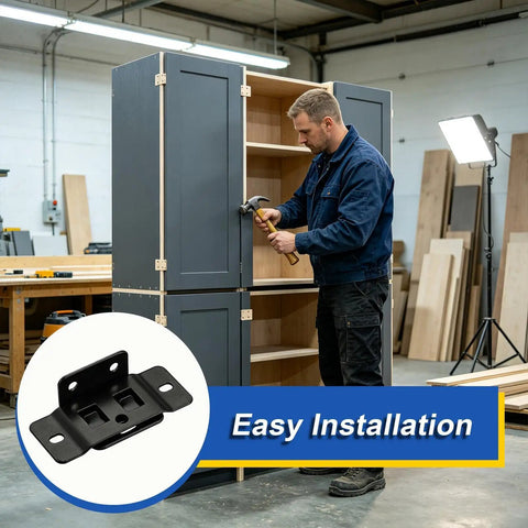 Man installing No Slip Quick Fitting L Shaped Furniture Joint Bracket for Shelves and Cabinets Anti Loosening Corner Bracket