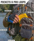 Close-up of lightweight mesh fishing vest for men and women with 17 pockets, displaying gear access, army green color, by the water.