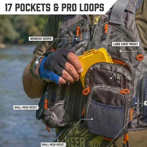 Close-up of lightweight mesh fishing vest for men and women with 17 pockets, displaying gear access, army green color, by the water.