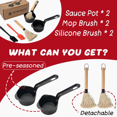 Cast Iron Sauce Pan And Basting Pot Set with BBQ Mop Brushes for grillin melting butter campin and stove top cooking kit