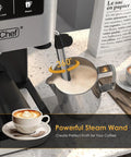 Quick Draw Espresso Machine With On Deck Milk Frother, 20 Bar Pump for frothing milk in stainless steel pitcher with coffee cup.