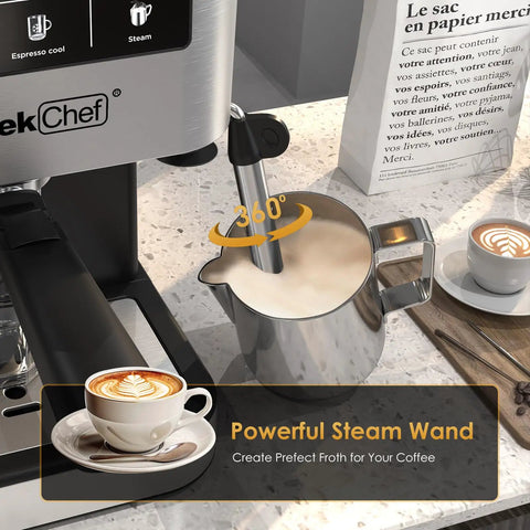 Quick Draw Espresso Machine With On Deck Milk Frother, 20 Bar Pump for frothing milk in stainless steel pitcher with coffee cup.