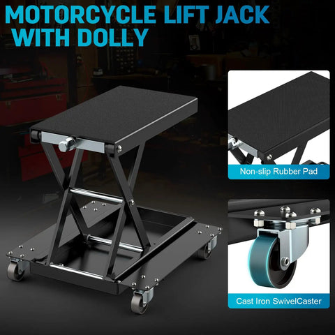 Heavy Duty 1100 Lbs Motorcycle Lift Stand With Dolly And Wide Anti Slip Deck Scissor Lift Jack For Cruisers Street Bikes ATVs