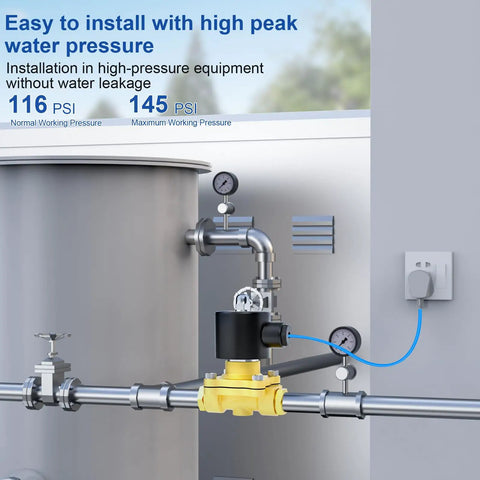 3/4 Inch NPT Brass Electric Solenoid Valve AC110V 2W-200-20 installed in high-pressure pipeline with PSI indicators