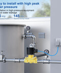 Beefy Three Quarter Inch Brass Electric Solenoid Valve 24V DC Normally Closed For Water, Air, And Diesel Irrigation, installed on piping system.