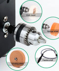 Close-up of Heavy Duty Electric Belt Sander And Grinder showing attachments: cloth wheel, sponge, grinding wheel, and flexible shaft.