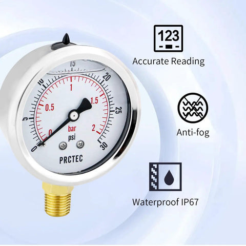 Glycerin Liquid Filled Air Pressure Gauge With 2.5 Inch Dial, Stainless Steel Case Built Tough All Weather Vacuum Gauge For Compressor Boiler Water Pump, 0 To 5000 Psi Primary Range And 0 To 200 Psi Secondary Water Pressure Reading, IP67 Waterproof with anti-fog feature.