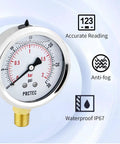 Glycerin Liquid Filled Air Pressure Gauge 2.5 Inch Dial Stainless Steel Case IP67, shown with waterproof and anti-fog icons.