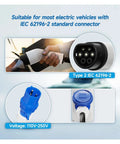 No Hassle Plug And Play Heavy Duty Portable Electric Vehicle Charger With Type Two Cable And J1772 Adapter 32 Amps 7 Kw Cee Plug IP67 Waterproof EV Charging Station Weekender Ready showing Type 2 connector and voltage details.