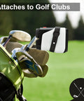 Universal Golf Range Finder Magnetic Strap Mount With Strong Magnet Keeps Your Rangefinder Secure On The Go, attached to golf clubs