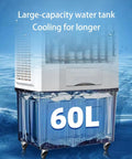 Portable Evaporative Air Cooler With Massive Water Tank And Two Frozen Ice Packs For Quick Room Chill, showing 60L water reservoir.