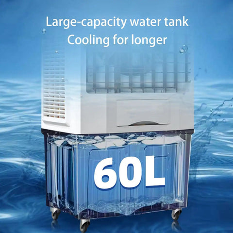 Portable Evaporative Air Cooler With Massive Water Tank And Two Frozen Ice Packs For Quick Room Chill, showing 60L water reservoir.