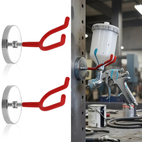 Heavy Duty Magnetic Paint Spray Gun Holder Rack, two steel brackets for organizing sprayers, supports up to ten pounds.