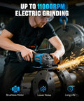 Heavy Duty Brushless Cordless Angle Grinder 4.5 Inch With Two Solid 4.0Ah Batteries 11000RPM in use for grinding metal with sparks.