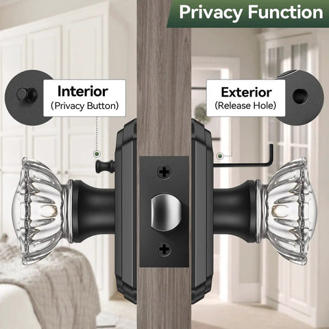 Image showcasing Three Pack Crystal Door Knobs With Lock Glass Privacy Knobs Matte Black Vintage Diamond Glass Door Knob Set installed.