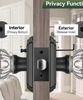Glass Door Knobs Interior 6 Pack Crystal Doorknobs With Lock For Privacy Black Matte Finish Vintage Diamond Glass Door Knob Set Ideal For Bedroom And Bathroom Built To Last With Zinc Alloy Plates showing privacy function with push button and release hole.
