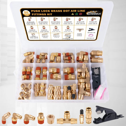 60 Pcs Brass DOT Air Line Fittings Kit Pro Grade Push Lock and Push to Connect Fittings with NPT Thread in plastic organizer box