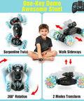 Gesture Sensing Remote Control Car With Dual Mode Control and boy displaying car's transforming capabilities on blue background.