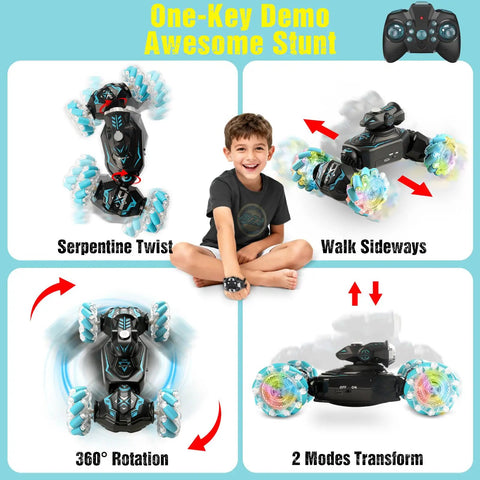 Gesture Sensing Remote Control Car With Dual Mode Control and boy displaying car's transforming capabilities on blue background.