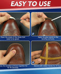 Instructions for Clear Shoe Repair Glue 30ml Waterproof Adhesive for Boots Sneakers Heels Hiking Shoes and Leather Industrial Grade Bond That Fixes Cracks Debond and Loose Soles Fast with images of application on brown leather shoes.