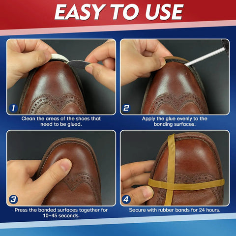 Instructions for Clear Shoe Repair Glue 30ml Waterproof Adhesive for Boots Sneakers Heels Hiking Shoes and Leather Industrial Grade Bond That Fixes Cracks Debond and Loose Soles Fast with images of application on brown leather shoes.