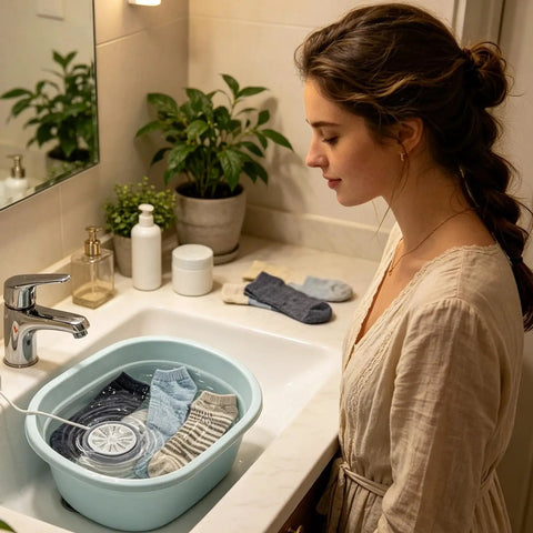 Compact Mini Washing Machine Portable USB Powered Clothes Washer No Sweat Deep Clean with socks in sink.