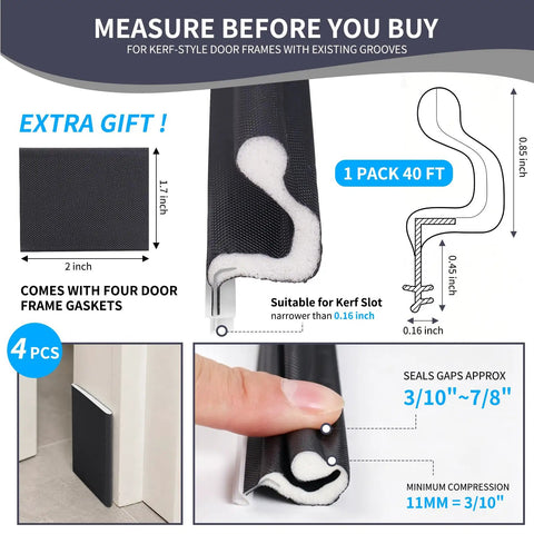 40 Ft Heavy Duty Kerf Weatherstrip Door Seal With Memory Foam Soundproof Insulation, includes gaskets and sizing details.