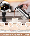 Four Cup Moka Pot Stovetop Espresso Maker in 304 Stainless Steel pouring espresso into cup, suitable for all stoves
