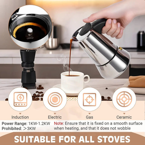 Four Cup Moka Pot Stovetop Espresso Maker in 304 Stainless Steel pouring espresso into cup, suitable for all stoves