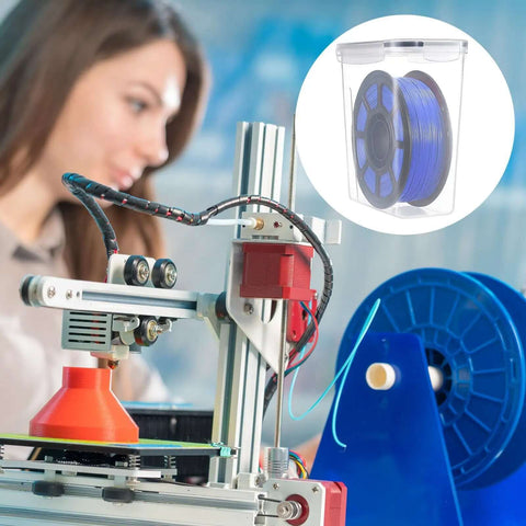 Woman using 3D printer with inset of 12 Pack Filament Storage Boxes With Lids For 3D Printing Spools Clear Moisture Dust And Water Proof Boxes With Labels Portable Sealing And Protection Includes 2 Stickers And 1 Marker Pen