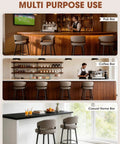 Set of 6 30 Inch Swivel Bar Stools With Curved Back Mid Century Modern Faux Leather Upholstery And Decorative Stitching Perfect For Kitchen Island, Dining Or Living Room In Matte Gray shown in different settings: pub bar, coffee bar, and casual home bar.