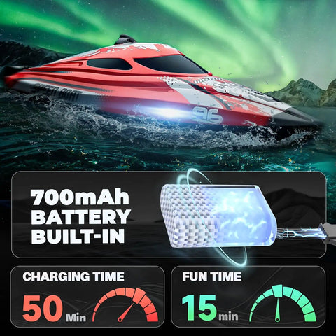 12 Inch Remote Control Boat For Pools And Lakes Dope 25 KPH Speed RC Boat For Kids And Adults With Waterproof Hull 700mAh Battery TX126 Red showcased on water with battery details.