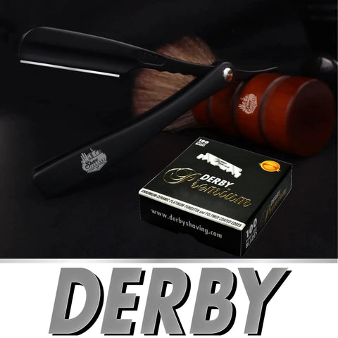 Premium Single Edge Razor Blades With Ultra Sharp Chromium Ceramic Platinum Tungsten And Polymer Coated Edges For A Smooth Close Shave Swedish Quality Control Interchangeable Blades with box and razor on black background.