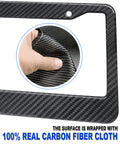 Real Carbon Fiber License Plate Frame With Stainless Steel Core, close-up of carbon fiber texture and 2-hole edge design.