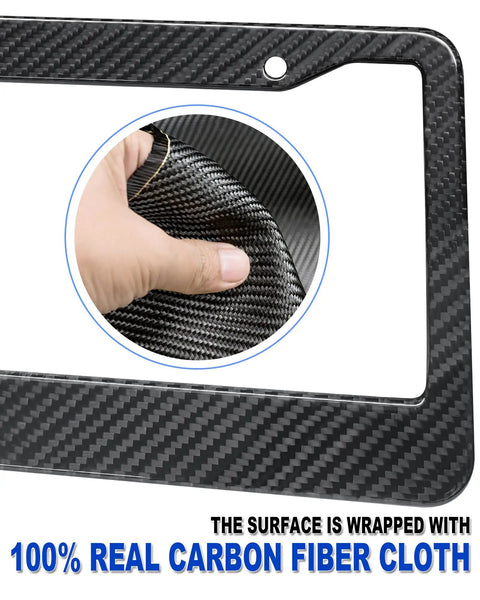 Real Carbon Fiber License Plate Frame With Stainless Steel Core, close-up of carbon fiber texture and 2-hole edge design.