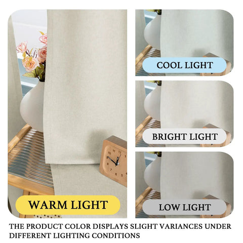 Soft Faux Linen Curtains 63 Inch Long, Two Panels, in Heather Ivory under cool, bright, and warm light conditions on display.