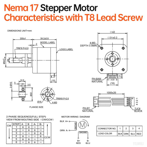 Nema 17 Stepper Motor With TR8x8 200mm Lead Screw technical diagram showing dimensions and wiring details