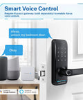 Keyless Entry Digital Door Lock For Front Door With Fingerprint And Passcode App Control And Remote Unlock Key Fob And Alexa Voice Unlock No Fuss Easy Installation Black on door; Alexa device nearby