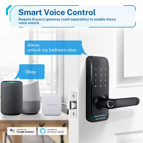 Keyless Entry Digital Door Lock For Front Door With Fingerprint And Passcode App Control And Remote Unlock Key Fob And Alexa Voice Unlock No Fuss Easy Installation Black on door; Alexa device nearby