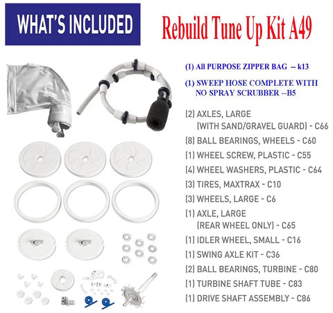 Pool Cleaner Tune Up Kit For Polaris 280 And TR28P displayed with components like wheels, bearings, and hose