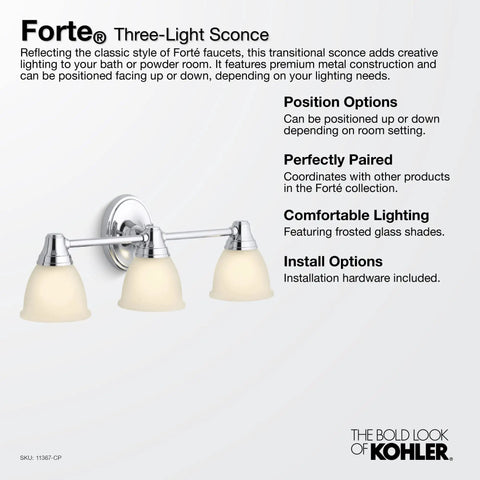 Triple Sconce Wall Light With Adjustable Up Or Down Mount, Built Tough With Scratch And Corrosion Resistant PVD Finishes, UL Listed For 100 Watt, Easy Install With Included Tools And Kit