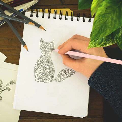 Hand sketching a fox with Round Pencils 24 Pack With Erasers, Wooden Graphite HB Pencils For Classroom Office Writing And Drawing.