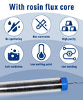 4 In 1 Rosin Core Solder Wire Set With 0.8 mm And 1.0 mm Diameters, shown with benefits like anti-oxidation and low melting point