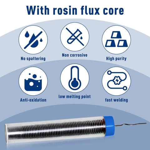 4 In 1 Rosin Core Solder Wire Set With 0.8 mm And 1.0 mm Diameters, shown with benefits like anti-oxidation and low melting point