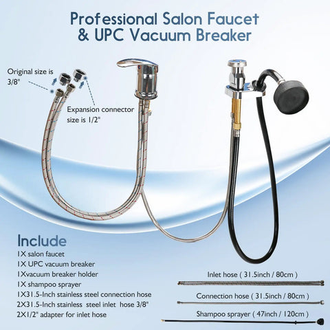 Pro Grade Shampoo Bowl Faucet Kit With Vacuum Breaker, Hose And Sprayer, Durable Brass Hair Salon Sink Replacement Part