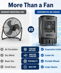Comparison image showing Heavy Duty Portable Evaporative Air Cooler With 9000 CFM Industrial Swamp Cooling and a 12 Gallon Tank vs an ordinary fan.