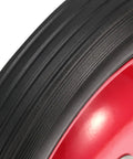 Close-up of Heavy Duty 10 Inch Flat Free Solid Rubber Garden Cart Wheels showing textured surface with red rim.