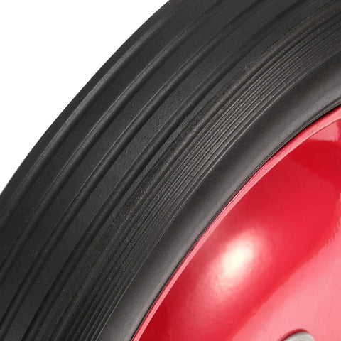 Close-up of Heavy Duty 10 Inch Flat Free Solid Rubber Garden Cart Wheels showing textured surface with red rim.