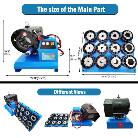 Pro Grade Electric Hose Crimper For Hydraulic Tubing And Steel Pipes 1/4 To 2 Inch Crimp Range dimensions and views.