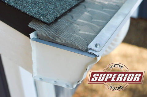 Raised Stainless Steel Gutter Guard Screen Kit for 5 Inch Gutters showing micro mesh design on gutter edge
